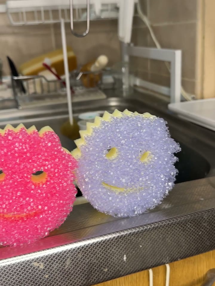 シンクの縁に並べたピンクと紫のスクラブダディ